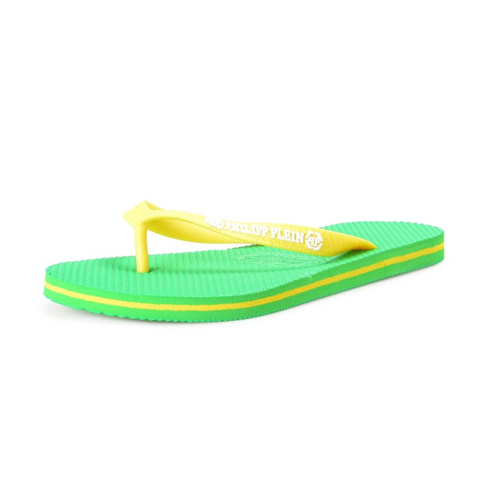 Philipp Plein Yellow/Green Rubber Logo Print Flip Flops Shoes